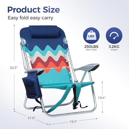 ALPHA CAMP Set of 2 Beach Chair, Beach Chairs Low Folding Lightweight, Foldable Backpack Beach Camping Chair with 4 Position, Cooler Bag, Headrest, Armrest, Wave Blue