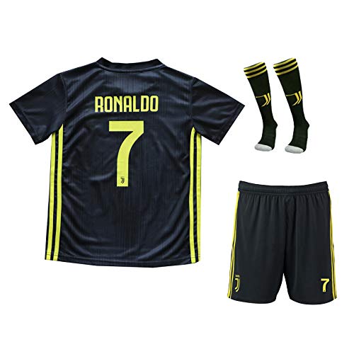 #7 Cristiano Ronaldo Home Kid Soccer Jersey & Matching Shorts Set 2018/2019 (Black (Juve), Youth XL (12-13 Years Old))