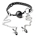 Adjustable Buckled Leather and Silicone Soft Ball Mouth Gag Plug with Stainless Steel Clamps Breast Clip with Chain Cosplay Costume Accessories for Couples Men Women - Black