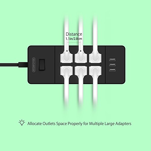 image for NTONPOWER Flat Plug Power Strip with 6 Outlets 3 USB Ports No Surge Pr