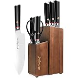 Knife Set, Emojoy Kitchen Knife Set with Wooden Block, 7-Piece German Stainless Steel Cutlery with Scissors