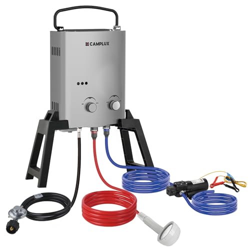 CAMPLUX 1.32 GPM Portable Outdoor Tankless Water Heater Propane Instant Hot Camping Shower Pump w/Freestanding Stand and Carry Bag, AY132GMax, Gray - Used condition - US$239.99
