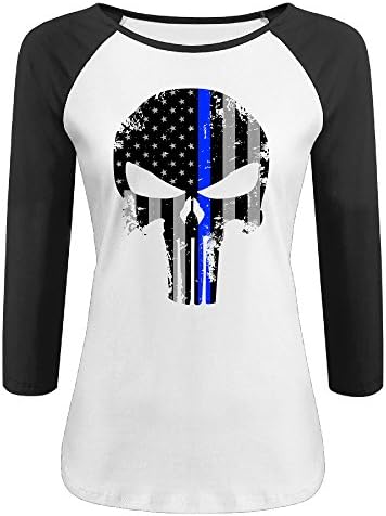Women's Thin Blue Line The Punisher Logo 100% Cotton 3/4 Sleeve Athletic Baseball Raglan Shirt Black US Size XL