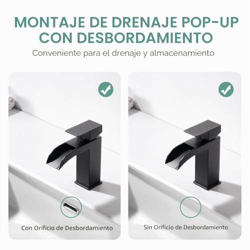 Faustina Bathroom Faucet for Rectangular Waterfall Basin and Click-Clack Drain Valve with Overflow, Bathroom Tap Mixing Dr Square with Drain Stainless Steel, Matte Black