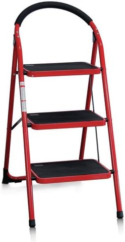 Space Saving Multifunctional Folding 3-Steps Stool, Made Of Durable Steel, Presented In Black And Red Finish