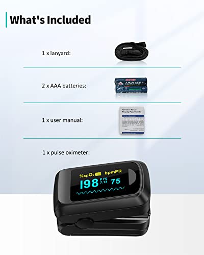 Fingertip Pulse Oximeter Bluetooth Blood Oxygen Saturation Monitor and Pulse Rate Monitor for Apple and Android, with OLED Screen 2 X AAA Batteries and Lanyard