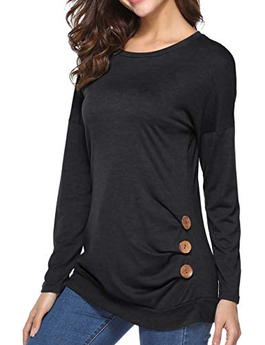 Weilim Women's Casual Blouses T-Shirt Round Neck Long Sleeve Loose Button Decor Top Black M