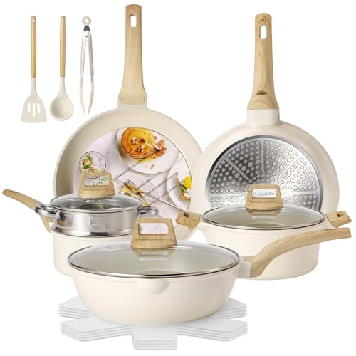 CHEFOLLA Sartenes Antiadherentes 12 Piezas, Bateria de Cocina, Juego de Sartenes de Induccion, Juego de Ollas y Sartenes, Fácil Limpieza, con Sartenes y Cacerolas, Granito Blanco