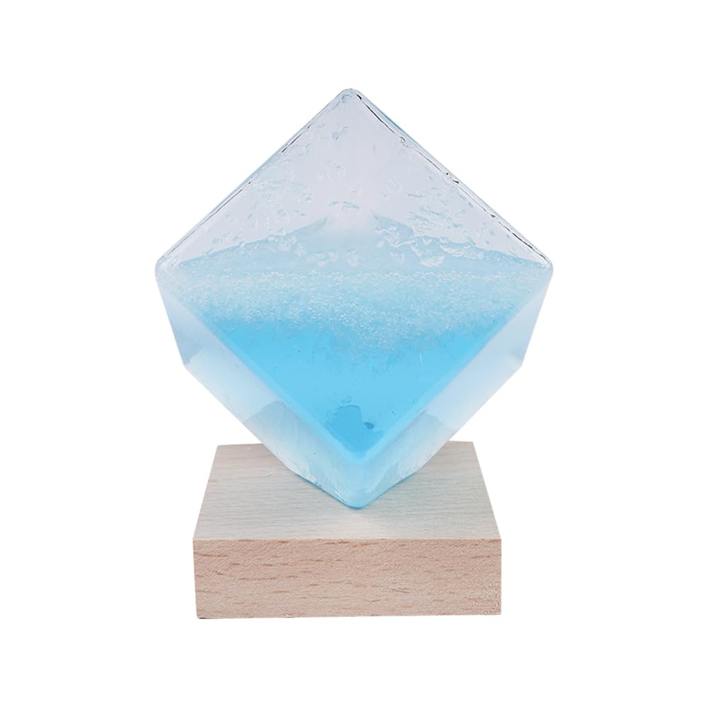 Ieron Weather Station,Storm Glass,Weather Forecaster,Crystal Blue Water Cube Storm,Glass Weather Predictor with Wooden Base,Creative Desktop Weather Predicting Storm Glass