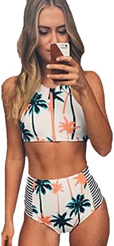 BMJL Women's Sexy Front Zip Palm Tree Print Bikini Swimsuit High Waisted Bathing Suits