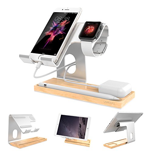 Cell Phone Stand,LAMEEKU Universal 4 in 1 Desktop Phone Stand Aluminum Apple iWatch Stands Tablet Stand Holder For iPhone all Android Smartphone Airpods iWatch iPad and Tablet(Up to 12.9 inch) Silver
