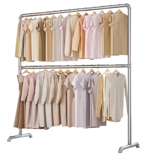 DAYONG Adjustable Garment Rack, Double Rods Industrial Clothing Rack, Sturdy Metal Clothes Rack Organizer, Portable Standing Clothes Garment Rack (160cm D x 50cm W x 180cmH)