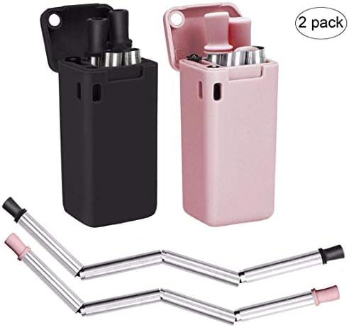 Collapsible Straws, 304 Stainless Steel Reusable Drinking Folding Straws Premium Food-grade Portable Straw with Cleaning Brush Perfect for Travel, Home, Office Or Gift (2PCS) (Black+Pink)
