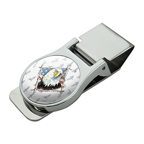 Patriotic Bald Eagle Diamond American USA Flag Satin Chrome Plated Metal Money Clip