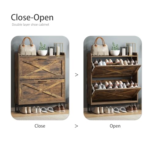 MOZOGOT Shoe Storage Cabinet with 2 Flip Drawers, Free Standing Shoe Racks Narrow Slim Shoe Organizer with Storage Top Cubby, Hidden Shoe Storage for Entryway, Living Room, Hallway (Rustic Brown)