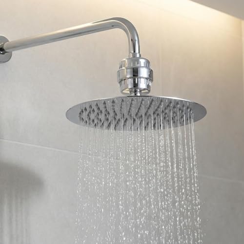 Voolan Rain Shower Head and Shower Filter Set, High Pressure Shower Heads Made of Stainless Steel, Filter Cartridge for Hard Water (20 cm, Circular)