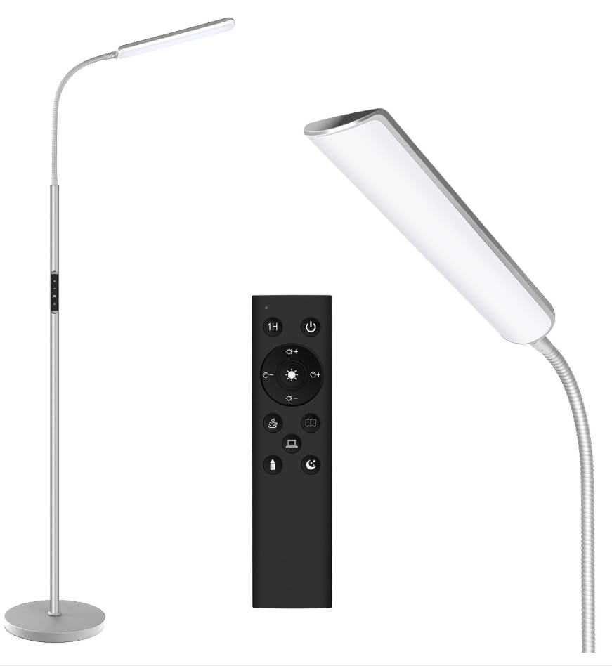 Dimunt LED Floor Lamp, Bright 15W Floor Lamps for Living Room with 1H Timer, Stepless Adjustable 3000K-6000K Colors & Brightness Standing Lamp with Remote & Touch Control Reading Floor Lamps-Silver Image