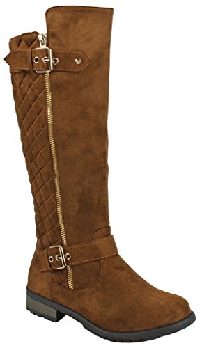 Mango23 Tan Faux Suede Dual Gold Decorative Zipper/Buckle Quilted Motorcycle Riding Knee High Boots-6