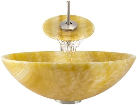 Aurora Sinks S04-BN-V Bathroom Ensemble with Pop Up Drain, Honey Onyx Vessel, Sink, Ring and Waterfall Faucet, Brushed Nickel