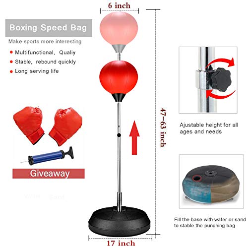 YMOND Relax Boxing Speed Bag with Stand Boxing Gloves Punching Ball Durable Adult Vertical Sandbag Adjustable Height (Style 1, Red.)