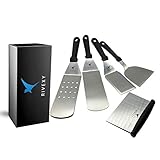 Set of 5 Metal Spatula Stainless Steel with Plastic Handle - Multipurpose Griddle Accessories Kit For BBQ Grill Griddle - Pancake Flipper, Griddle Scraper, Dough Scraper, Griddle Spatula, Perforated