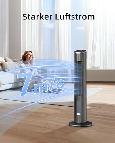 Leiser Turmventilator für Schlafzimmer, Standventilator mit Fernbedienung, 90° oszillierend, 4 Geschwindigkeiten 3 Modi 12H Timer LED-Anzeige, 91 cm Elektrischer Kühlventilator, Schwarz
