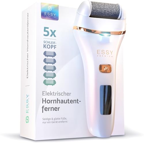 Essy Electric Rechargeable Callus Remover with 5 Replacement Rollers for Silky Soft Feet, Battery Foot Care Set Women Men with Pressure Protection, 2 Speeds, LED Display, Pedicure Set (White)