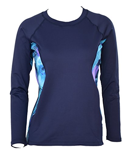 Private Island Women UPF 50+ Rash Guard Top Long Sleeve Swimsuit T- Shirt Workout (XXXL, Navy wJV-RGT)