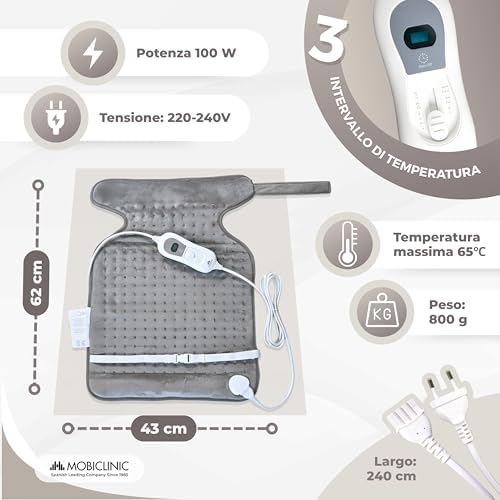 ®, Termoforo elettrico, Cuscino termico per collo e spalle, Basso consumo, 3 livelli di calore, Spegnimento automatico, Zona lombare cervicale, Lavabile, 62x43