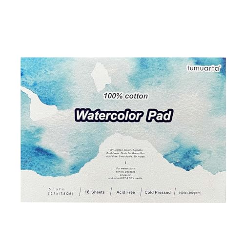 tumuarta Watercolor Paper Pad, 100% Cotton, 5x7, 140LB, 300 GSM, 16 Sheets, Acid Free, Cold Press, Watercolor Paper Mixed Media Sketch Books for Watercolors, Acrylic, Gouache, More Dry & Wet Media.