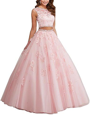 SHNE Women's Elegant Scoop Two Piece Ball Gown Quinceanera Dress Crystal Beaded Lace Prom Gowns Light Pink US4