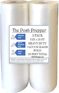 Posh Prepper Food Vacuum Sealer Rolls Heavy Duty 8 inch x 50 feet for Food Saver, Seal a Meal, Weston. BPA Free, Phthalate Free, Great for vac storage, Meal Prep or Sous Vide (2, 8x50)
