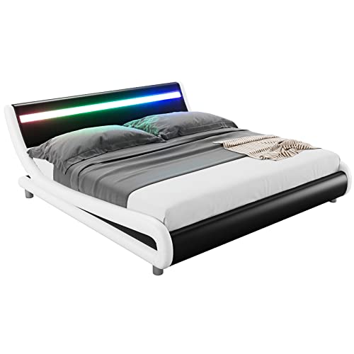 Deluxe Faux Leather Upholstered Platform Bed Frame with LED Headboard