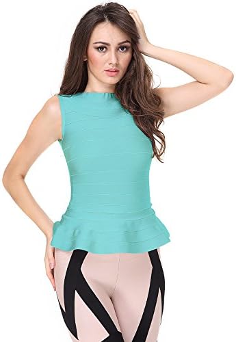 Crediy Peplum Sleeveless Bodycon Rayon Bandage Tank Top Pure Color Party Ruffles Celebrity (L, Sky Blue)