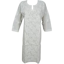 Womans White Tunic Dresses Cotton Paisley Floral Embroidery Caftan Dress