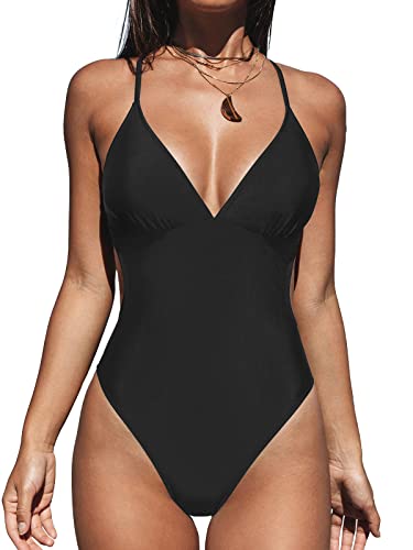 CUPSHE Women Crisscross Back Ruched One Piece Swimsuit Cut Out V Neck High Cut Thin Straps Bathing Suit