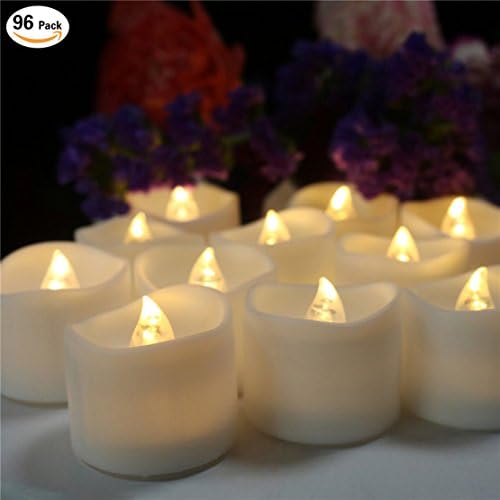 Flameless Led Warm White Flickering Tea Light Realistic Glow Candlelit Battery Operated Fake Candles for Halloween Pumpkin Wavy Open Mini Cute Window Tealights Votive for Christmas 96 PCS