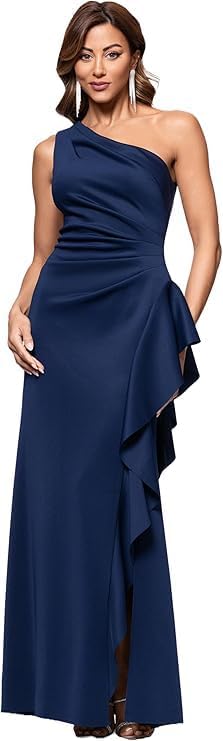 xscape deep v neck skater dress XSCAPE Women's V-Neck Long Sleeve Ball Gown