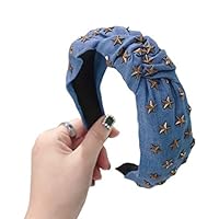 Lovhop Bohemian Women Girls Retro Denim Headband Metal Star Rivet Embellished Wide Hair Hoop Twist Knotted Center Styling Headpiece