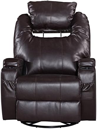 Squadise 360 Degree Swivel Massage Rocker Recliner, Deluxe Padded Heated Vibrating Bonded Leather Sofa Chair with Adjustable Headrest, Brown