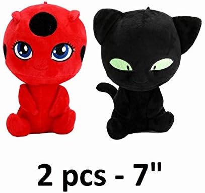 PAPRING Miraculous Toys 5/7 inch Ladybug Cat Noir Tikki Plagg Big Plush Huggable Toy Large Stuffed Gift Christmas Halloween Birthday Gifts Cute Doll Animal New Collectibles for Kids (2 pcs - 7")