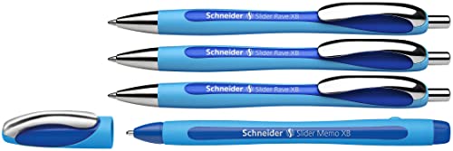 Schneider 132574 Slider Rave XB and Slider Memo XB Ballpoint Pen (Ink Colour: Blue), 3+1 Pieces