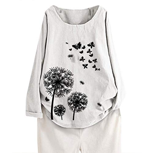 Women Linen Tops Oversize Crew Neck Long Sleeve Dandelion/Butterfly Printed T Shirts Loose Blouse Tops Size US 8-20 White