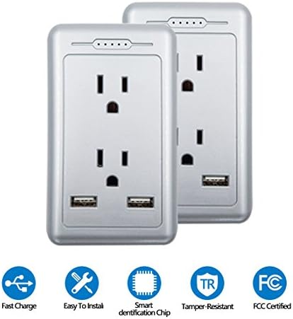TOSSOW 2 AC Wall Outlet with Dual USB Ports 2.5A Surge Protector Wall Mount Plate Fast/Quick Charger with LED Indicator, Smart Multi USB Charger Wall Plug,UL Certified (2 Pack),Silver