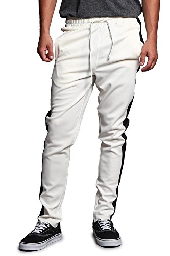 G-Style USA Men's Regular Cuff Non-Ankle Zip Contrast Outer Side Stripe Slim Fit Stretch Drawstring Track Pants TR522 - Off-White/Black - 3X-Large - S1C