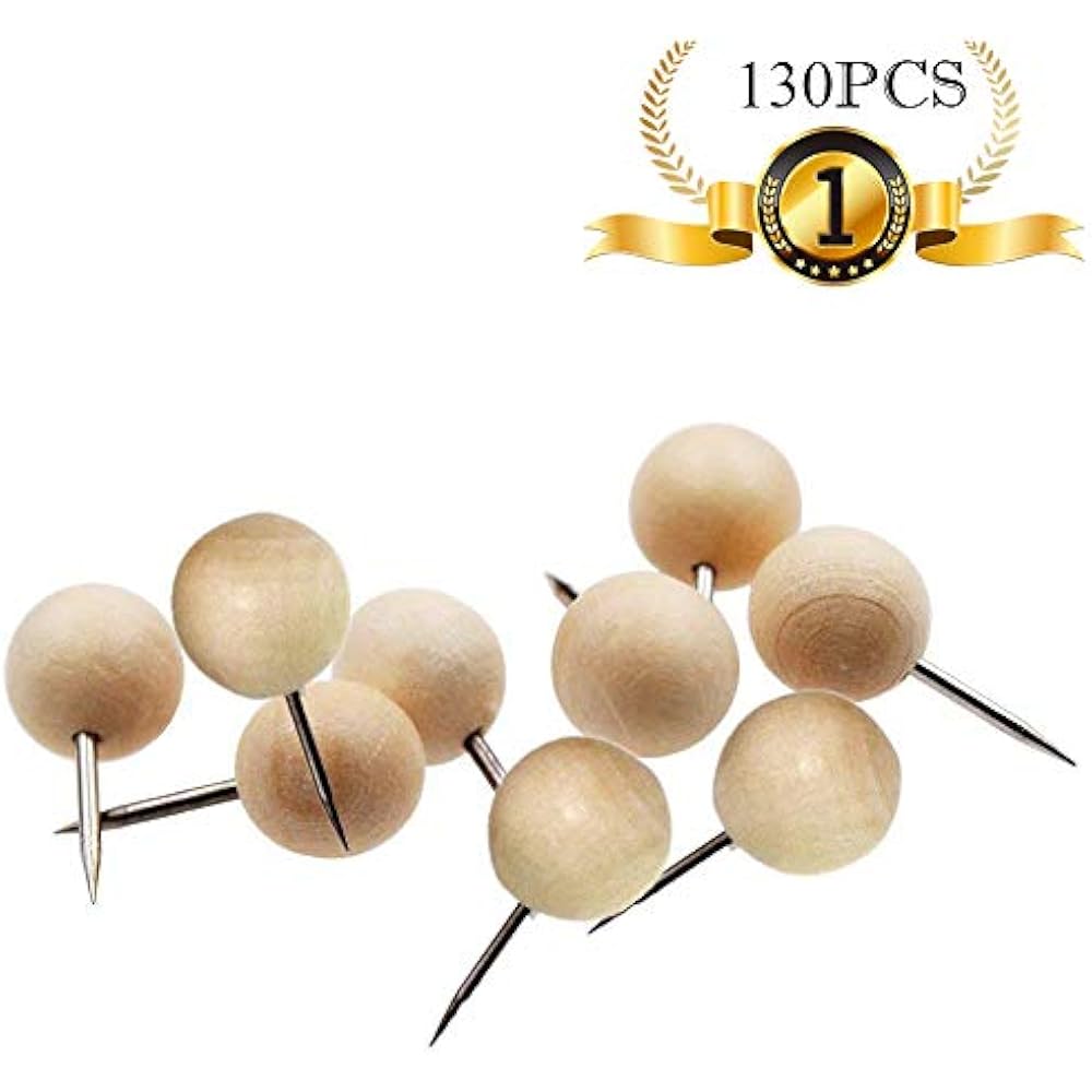 FashionMall Round Wood Push Pins (Pack Of 130pcs), Head And Steel
