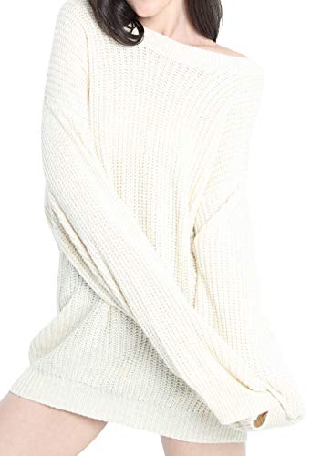 Liny Xin Women's Cashmere Oversized Loose Knitted Crew Neck Long Sleeve Winter Warm Wool Pullover Long Sweater Dresses Tops (Model 2, Beige)