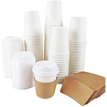 Black Cat Avenue 50 Sets 8oz Disposable Hot White Paper Cups with Lids and Sleeves For Hot Drinks Coffee Cocoa Chocolate Latte Cappuccino