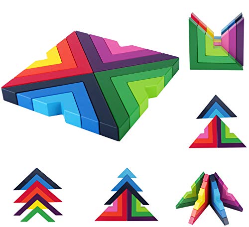 USATDD Wooden Rainbow Stacking Game Stacker Geometry Building Blocks Creative Nesting Educational Toys Kids Toddlers (Rainbow Stacking Game)