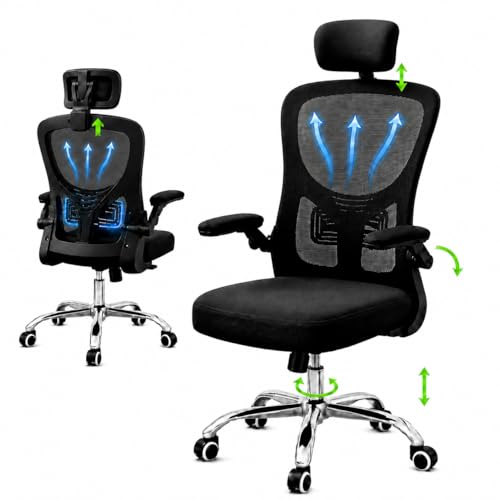 Laruno Cadeira de Escritório Ergonômica Premium NR17 Preta Giratória Reclinável 145 Graus com Suporte Lombar Encosto Mesh Respirável Cadeira Gamer Regulagem de Altura e Braços Suporta até 120kg